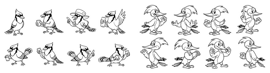Cartoon birds set, blue jays and woodpeckers. Wildlife, animal character, nature design, comic art, animation, vector, collection.