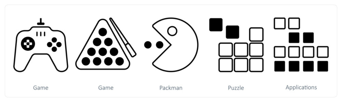 A set of 5 mix icons as game, packman, puzzle
