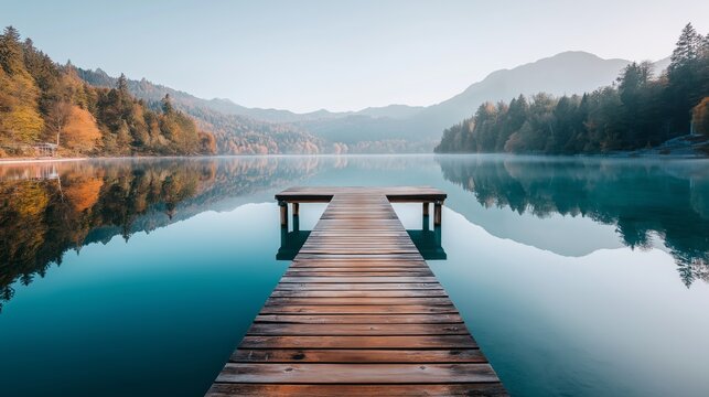 Peaceful wooden pier stretching into tranquil mountain lake with autumn trees, calm reflections and distant misty hills at sunrise, Generative AI