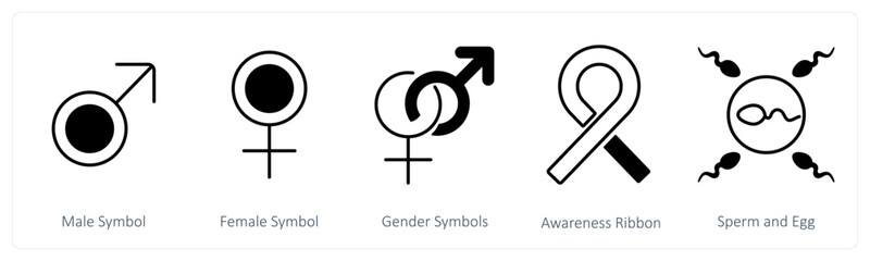 A set of 5 mix icons as male symbol, female symbol, gender symbol