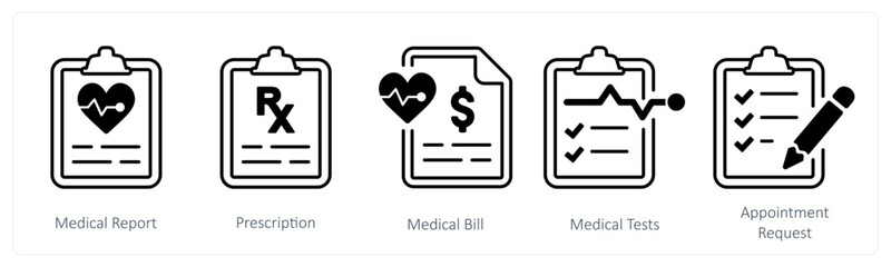 A set of 5 mix icons as medical report, prescription, medical bill