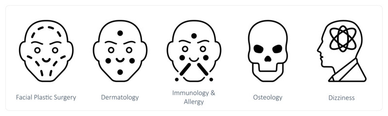 A set of 5 mix icons as facial plastic surgery, dermatology, immunology and allergy