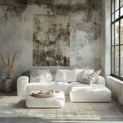 White sofa placed near a window in a room with a concrete wall and floor. Minimalist loft-style home interior design for a modern living room, Generative AI