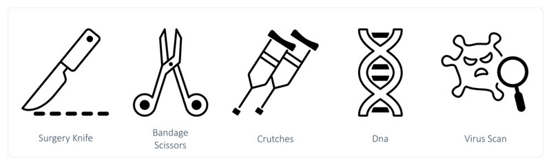 A set of 5 mix icons as surgery knife, bandage scissors, crutches