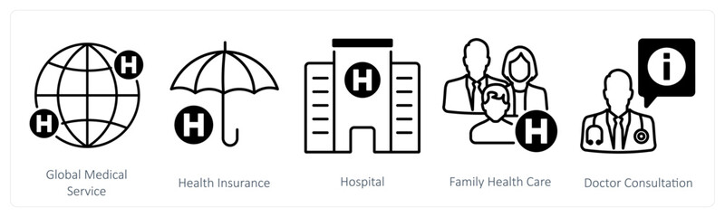 A set of 5 mix icons as global medical service, health insurance, hospital