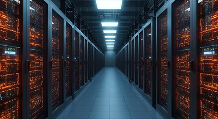 Obraz premium Illuminated server room aisle with rows of blinking computer equipment