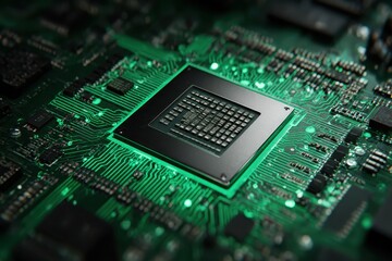 Close-up of a circuit board with a central processor
