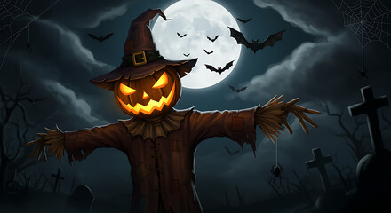 Spooky Halloween illustration of a menacing cartoon scarecrow with a glowing pumpkin head in a dark graveyard under a full moon.