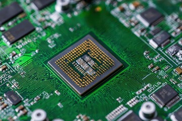 Close-up of a computer chip on a green circuit board