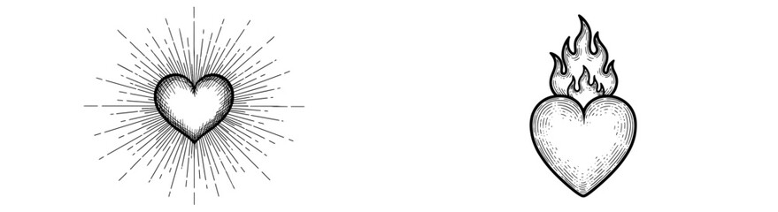 Hearts radiating light and flame. Love, passion, sacred, eternal devotion, religion, burning desire, soul, spiritual, warmth, light.