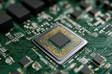 Close-up of a computer circuit board with a central processor chip (2)