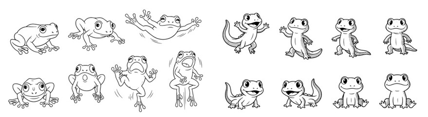 Cartoon frogs and lizards pose. Amphibians, reptiles, wildlife, animal characters, drawing, sketch, outline, cute, happy, mascot, nature, fun