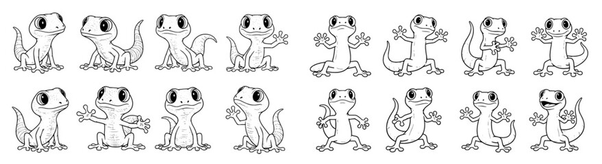 Obraz premium Collection of cute gecko characters. Cartoon reptiles in various poses. Wildlife, drawing, pet, nature, friendly, gecko, illustration, animal, happy.