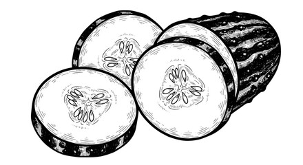 Sliced cucumber in black and white. Vegetable, food, fresh, raw, healthy, vegan, vegetarian