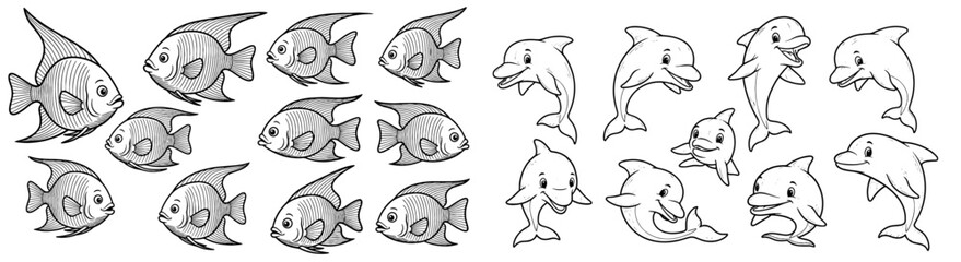 Fototapeta premium Cartoon fish and dolphin sketches in black and white. Marine wildlife, aquatic animal, illustration, cute, drawing, sea life, underwater, ocean, sea, nature.