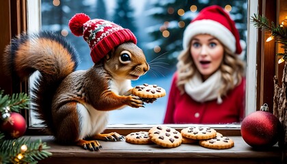 Cute squirrel wearing a christmas hat is stealing cookies from a window sill, while a surprised woman is watching from outside