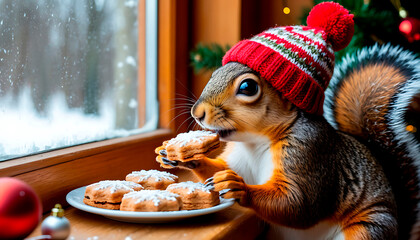 Adorable squirrel wearing a christmas hat eating cookies by the window during a snowfall, with christmas decorations and christmas tree in the background