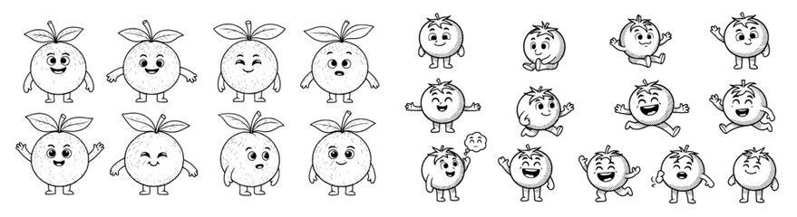 Obraz premium Cartoon fruits with various expressions and poses. Fruits emotions, happy characters, comic drawing, healthy eating.