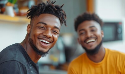 Fototapeta premium Young adult brothers having fun together in the kitchen, enjoying quality time and bonding at home, Generative AI