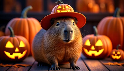 Capybara wearing a pumpkin hat celebrating Halloween, surrounded by carved and lit jack-o'-lanterns, creating a festive and spooky atmosphere