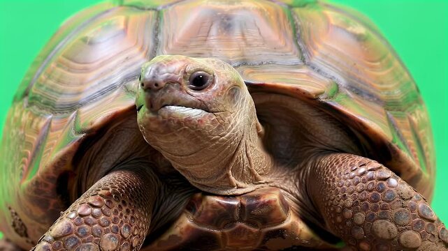 Detailed close-up portrait of a large tortoise with textured shell and skin, isolated on a vibrant green background