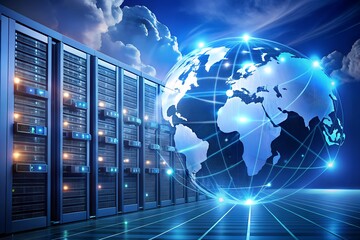 Photo of server room with global network for data storage and cloud