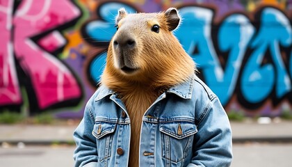 Capybara with denim jacket posing in front of colorful graffiti wall, showcasing urban style and humor