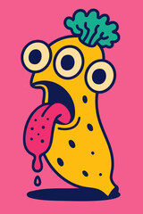 Surprised Green Monster with Three Eyes and Long Tongue