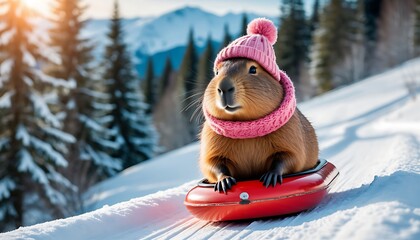 Capybara wearing pink winter hat and scarf sliding down snowy slope on red snow tube in a sunny winter landscape