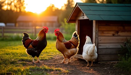Chickens and roosters gathering in front of their coop, basking in the warm glow of sunset on a peaceful farm