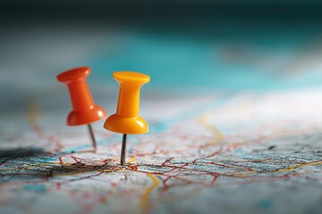Close-up of colorful pushpins on a map