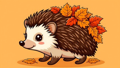 Adorable hedgehog carrying colorful autumn leaves on its back, a charming illustration perfect for autumnal designs