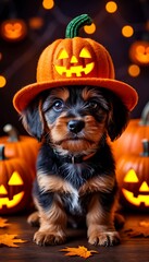 Small dog wearing a pumpkin hat sitting near jack-o'-lanterns and autumn leaves, celebrating Halloween