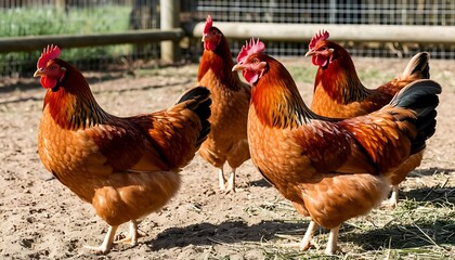 Group of four brown hens gathered together on a farm, showcasing their natural behavior in a rural, free-range setting