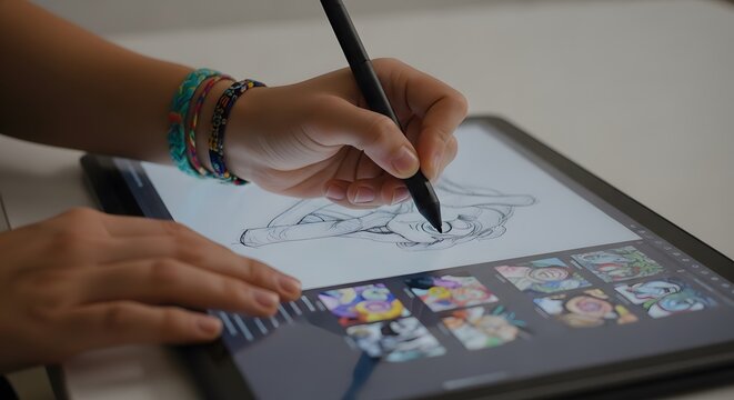 Digital artist creating a sketch on a tablet with a stylus, Digital creation: woman's hands using a stylus on a tablet with sketches