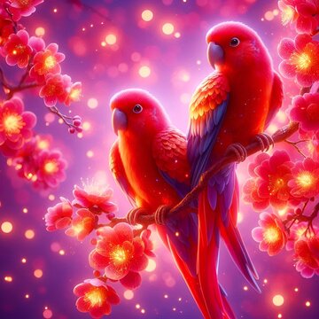 Two vibrant red parrots perch amid glowing cherry blossom flowers.
