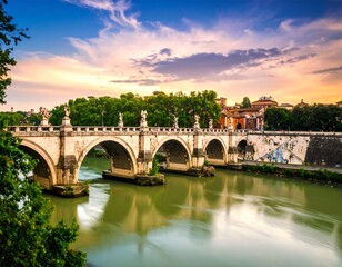 Fototapeta premium Ancient Roman bridge at sunset over a river