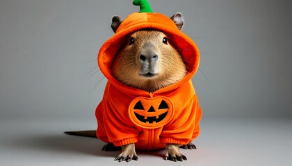 Studio portrait of a capybara wearing an orange pumpkin costume for a Halloween party, looking cute and festive