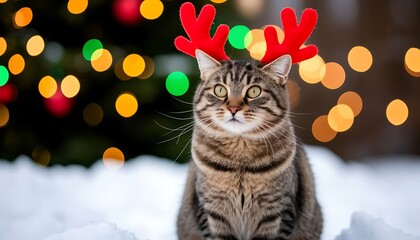 Adorable tabby cat wearing red reindeer antlers sitting in the snow in front of a decorated Christmas tree with bokeh lights