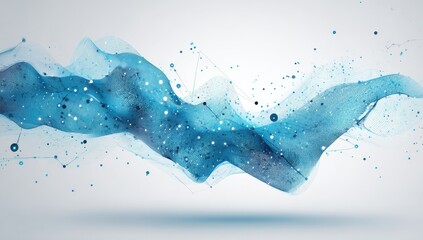Abstract blue wave forms with connected dots, light gray background