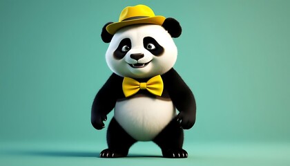 3D rendering featuring a cute panda wearing a cheerful yellow hat and stylish bow tie, happily standing against a vibrant turquoise background