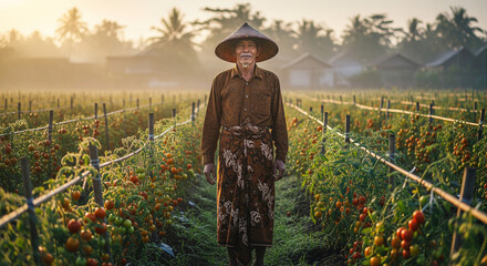 Golden Hour on the Farm Portrait of a Traditional Indonesian Farmer