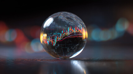 Stock market chart in a crystal ball, illustration, mystery dark background, light reflections and effects, created with generative AI technology -