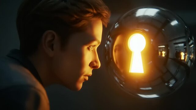 Young person observing glowing keyhole in futuristic setting