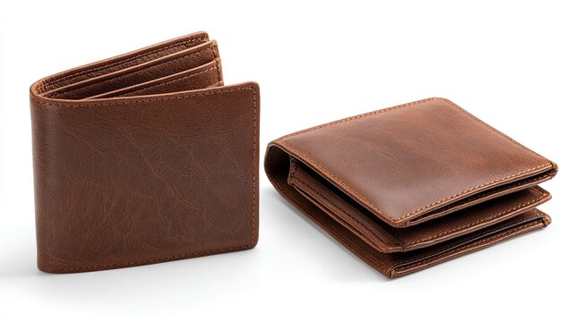 Two brown leather wallets laid flat, one open, one closed, on a white background