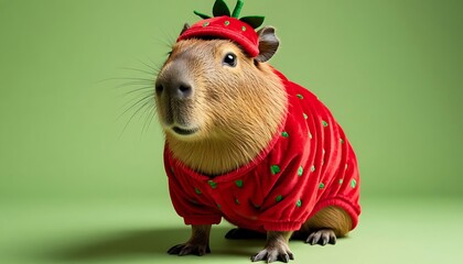 Capybara dressed in a playful strawberry costume, posing against a vibrant green seamless background, radiating cuteness and whimsy