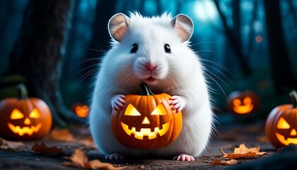 White hamster holding jack-o'-lantern in halloween night forest with carved pumpkins and autumn leaves, celebrating halloween