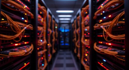 Illuminated server room aisle with rows of blinking network equipment