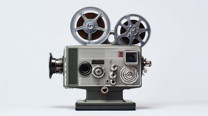 A vintage, light-green film projector sits on a white background.  It has two reels, various knobs, and a lens.  The device displays signs of age and wear