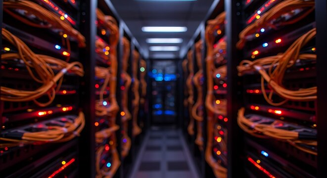Illuminated server room aisle with rows of blinking network equipment